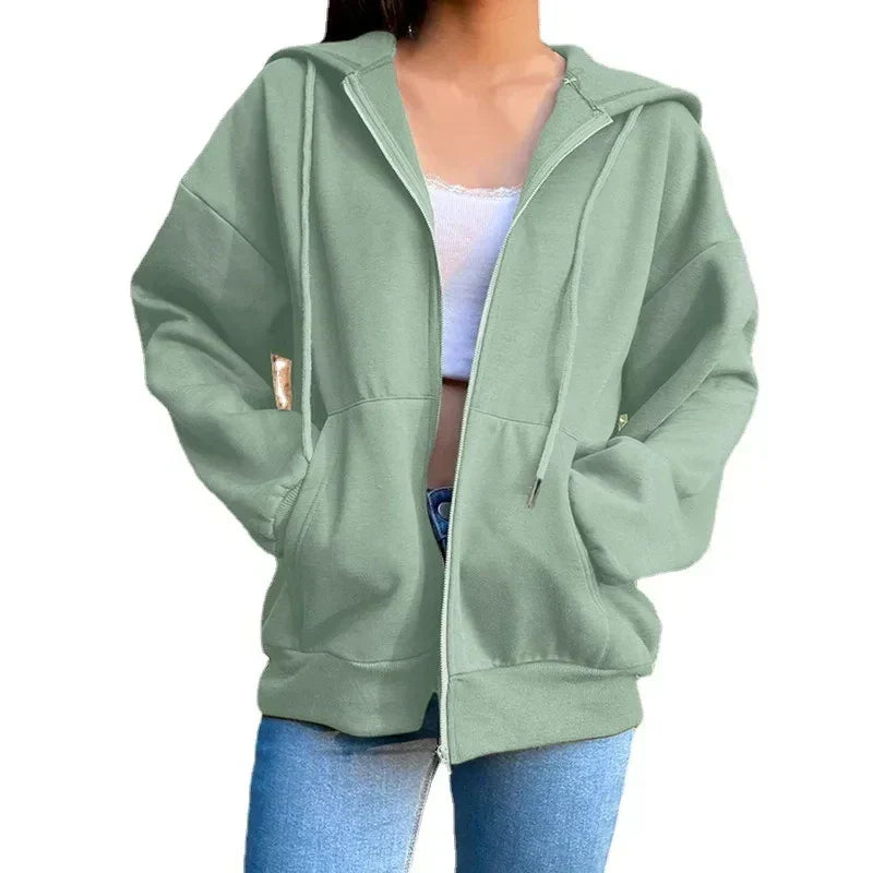 Fleece Hoodie Solid Color Hooded Korean Fashion Zipper Hoodies